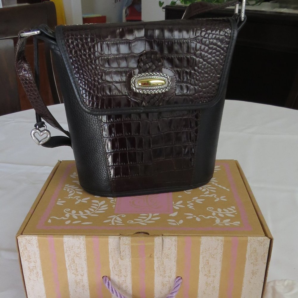 Brighton Black and Brown Shoulder Bag with Croc Texture